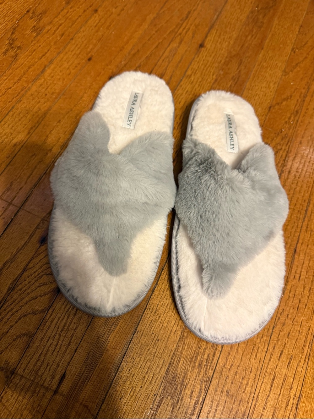 Laura Ashley Fuzzy Heart Slide Slippers - Gray & Cream